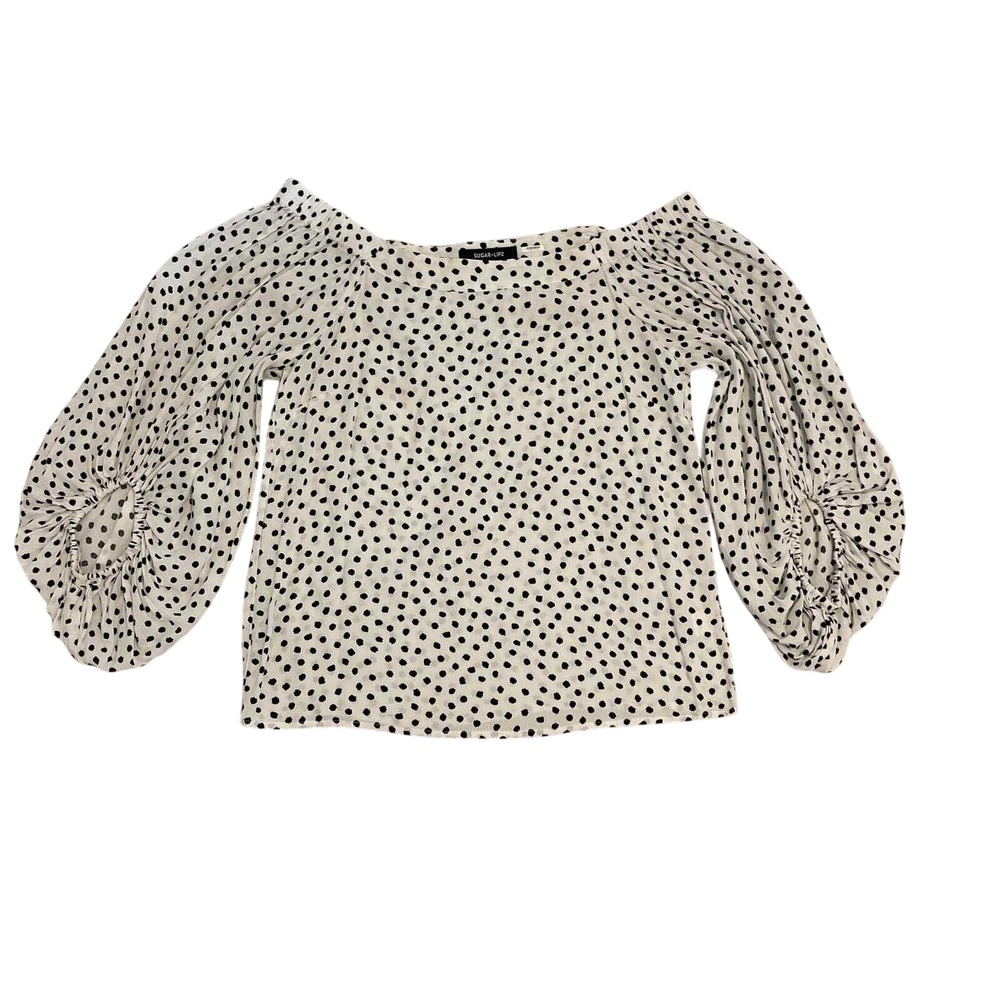 Sugar Lips Polka Dot Off Shoulder Balloon Sleeve Blouse White Black Medium T8969
